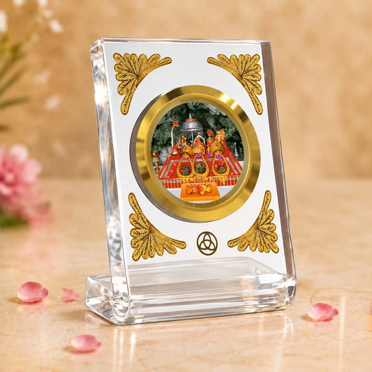 24K Gold-Plated Vaishno Devi Mata Darbar Acrylic Car Dashboard Frame | 8x7 CM