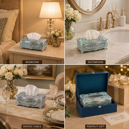 Diviniti Silver-Plated Tissue Holder | Green Enamel Ornate Tissue Box for Luxury Home Décor