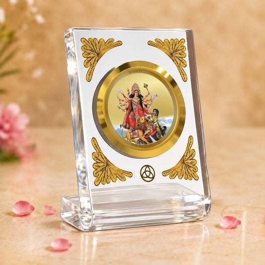 24K Gold Plated Durga Mahishasura Mardini Acrylic Car Dashboard Frame | 8x7 CM