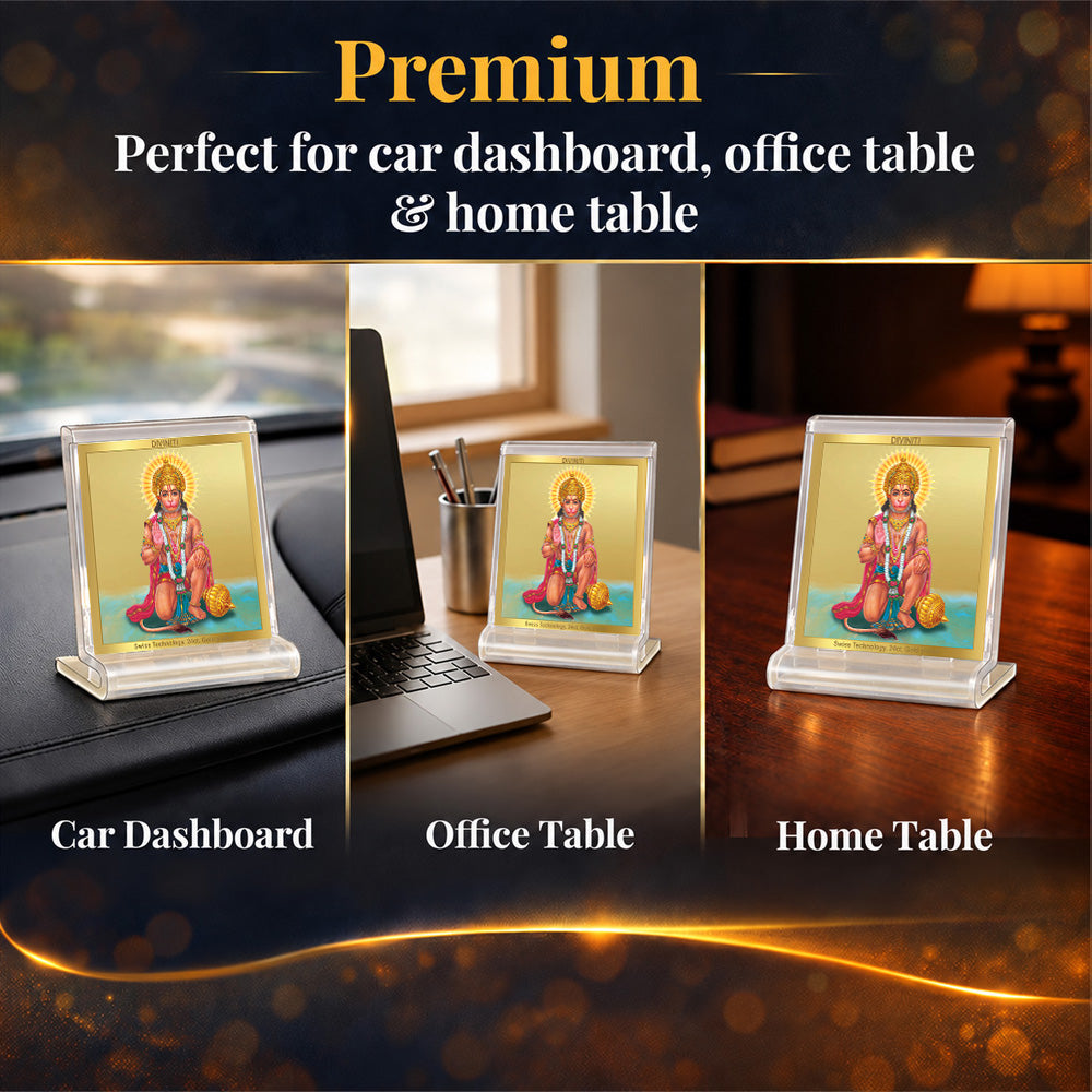 24K Gold-Plated Lord Hanuman Acrylic Car Dashboard Frame | 6x5 CM
