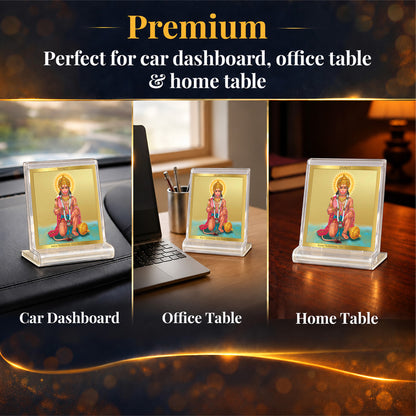 24K Gold-Plated Lord Hanuman Acrylic Car Dashboard Frame | 6x5 CM