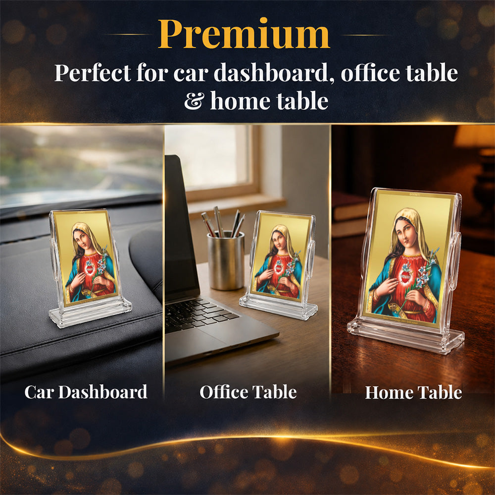 24K Gold-Plated Mother Mary Acrylic Car Dashboard Frame | 11x7 CM