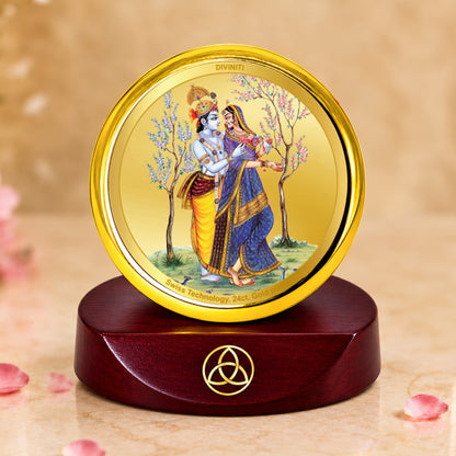 24K Gold-Plated Radha Krishna With Peacock Car Dashboard Frame | 5x5 CM