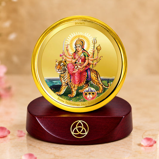 24K Gold-Plated Durga Sherawali Mata with Pindi Car Dashboard Frame | 5x5 CM