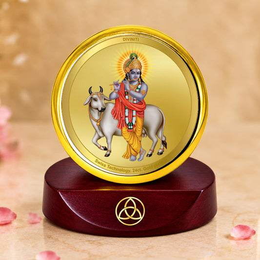 24K Gold-Plated Lord Krishna with Surbhi Cow Car Dashboard Frame | 5x5 CM