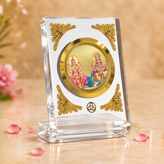 24K Gold-Plated Lakshmi Ganesha Acrylic Car Dashboard Frame | 8x7 CM