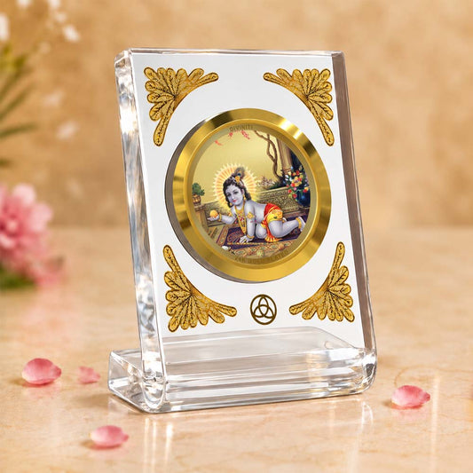 24K Gold-Plated Laddu Gopal Acrylic Car Dashboard Frame | 8x7 CM