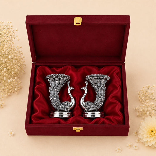 Diviniti 999 Silver Plated Antique Peacock Pair Tealight Holder Set With Gift Box