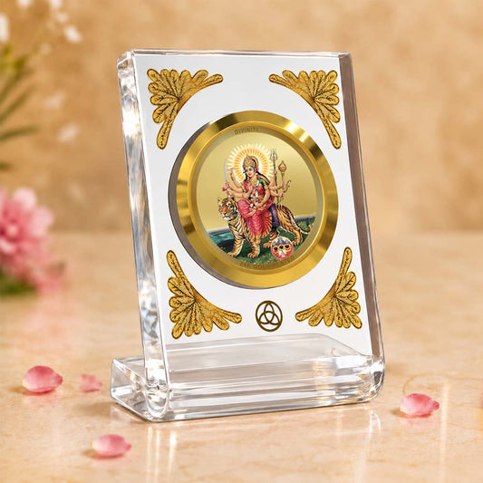 24K Gold Plated Durga Sherawali Mata with Pindi Acrylic Car Dashboard Frame | 8x7 CM