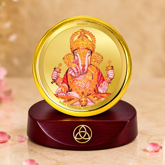 24K Gold-Plated Dagdu Ganesh Car Dashboard Frame | 5x5 CM