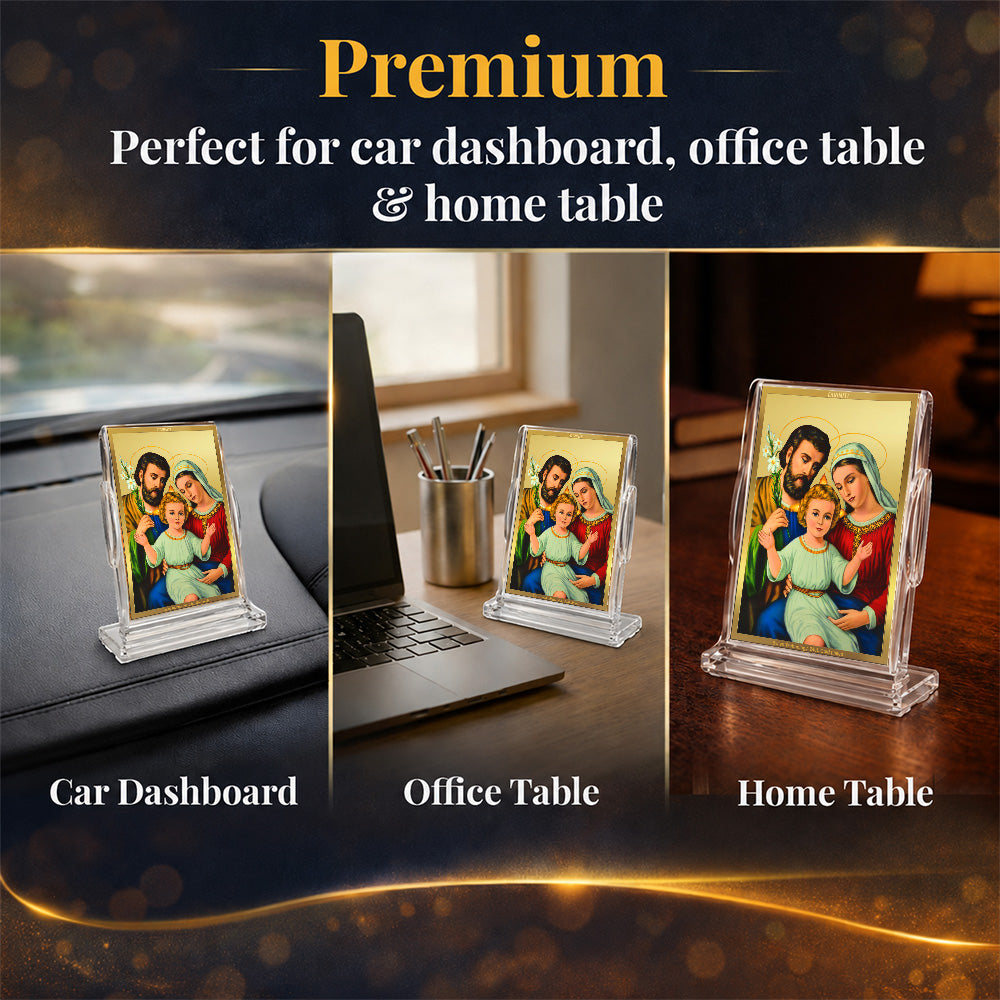 24K Gold-Plated Holy Family Acrylic Car Dashboard Frame | 11x7 CM