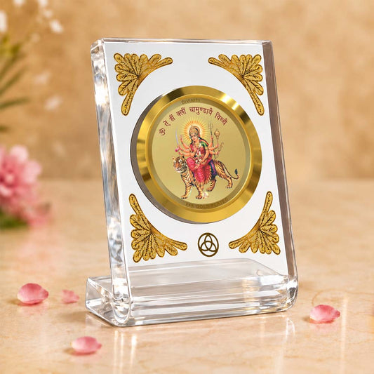 24K Gold Plated Durga with Mantra Acrylic Car Dashboard Frame | 8x7 CM