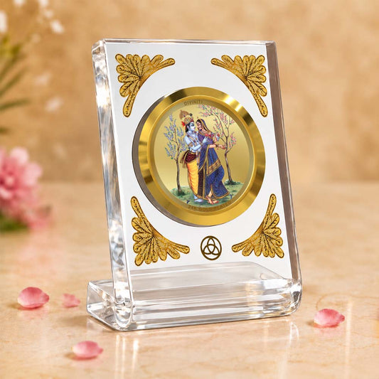 24K Gold Plated Radha Krishna With Peacock Acrylic Car Dashboard Frame | 8x7 CM