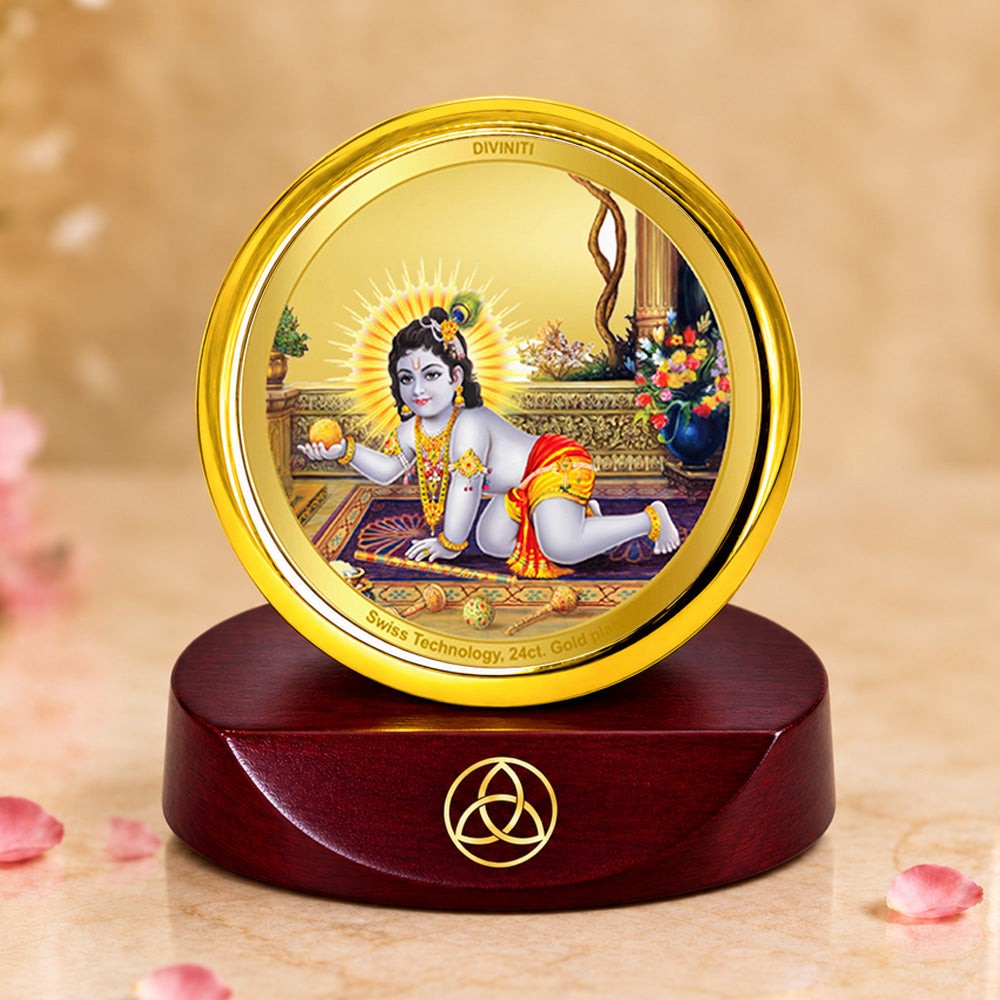24K Gold-Plated Laddu Gopal Car Dashboard Frame | 5x5 CM