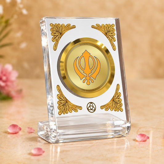 24K Gold-Plated Khanda Sahib Acrylic Car Dashboard Frame | 8x7 CM