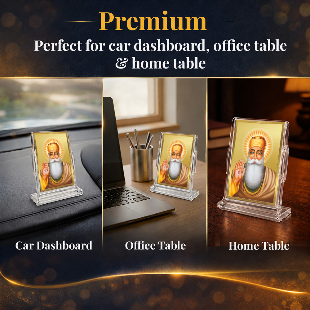 24K Gold-Plated Guru Nanak Dev Ji Acrylic Car Dashboard Frame | 11x7 CM