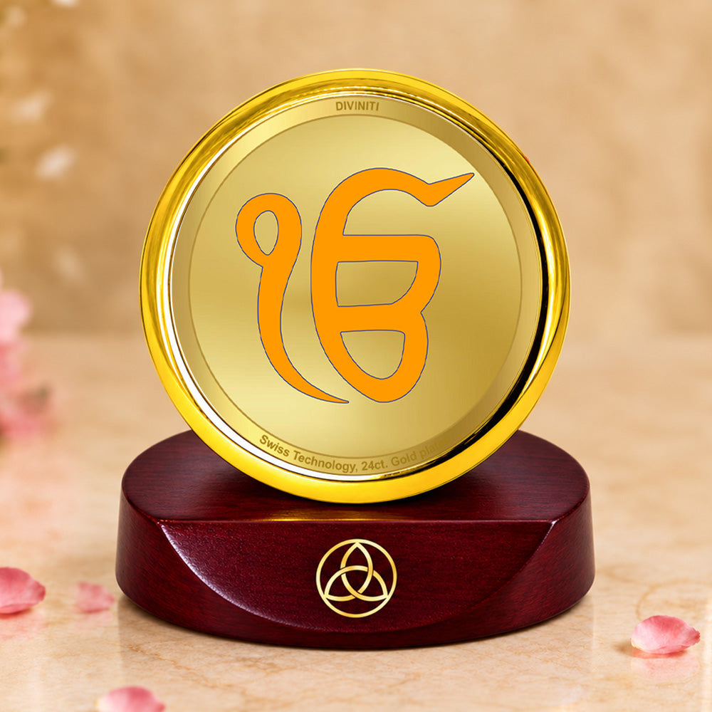 24K Gold-Plated Ik Onkar Car Dashboard Frame | 5x5 CM