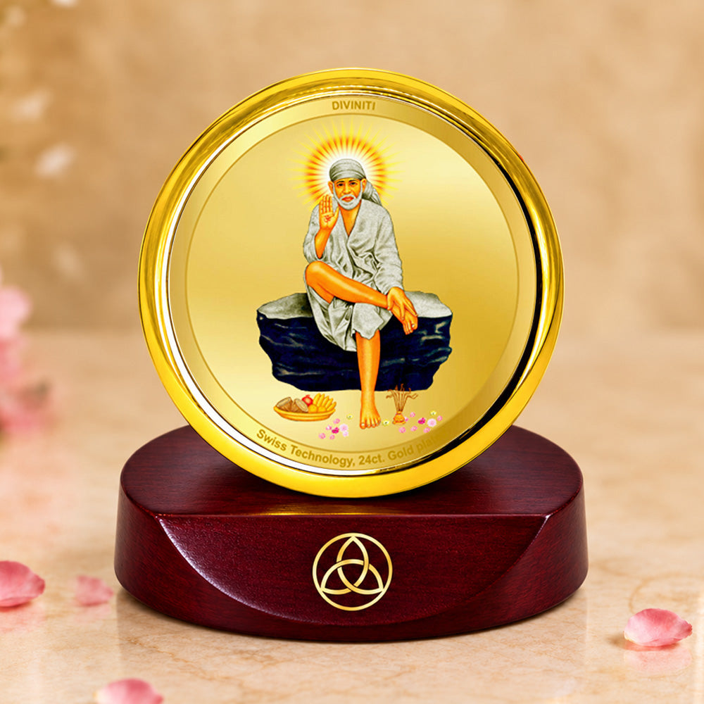24K Gold-Plated Sai Baba Car Dashboard Frame | 5x5 CM