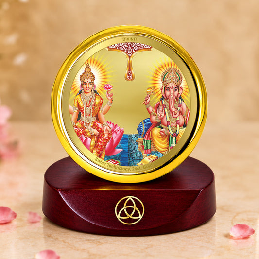 24K Gold-Plated Lakshmi Ganesha Car Dashboard Frame | 5x5 CM