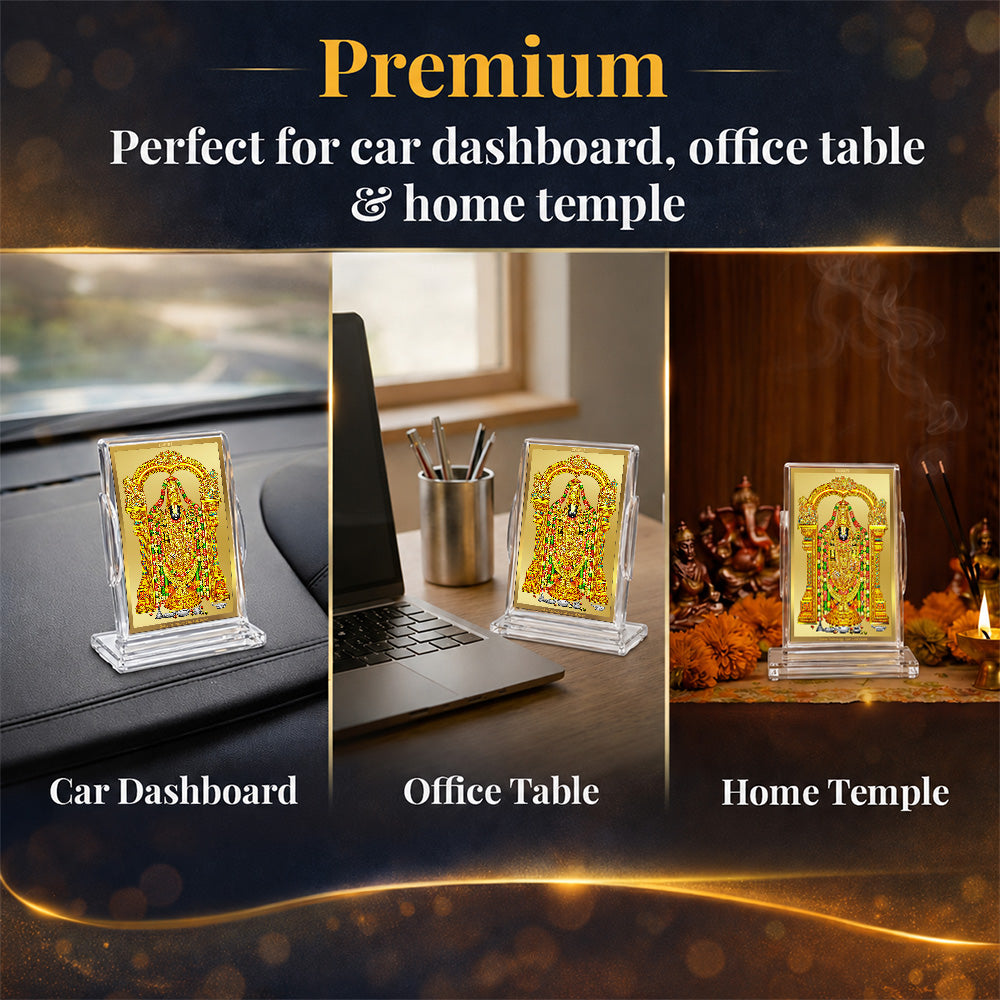 24K Gold-Plated Lord Tirupati Balaji Acrylic Car Dashboard Frame | 11x7 CM