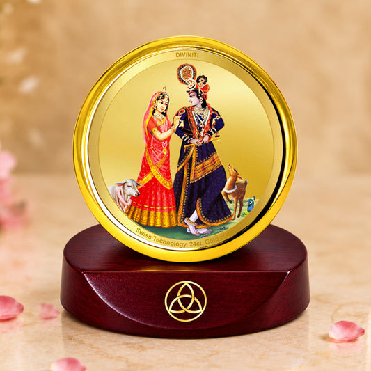24K Gold-Plated Radha Krishna with Cow Car Dashboard Frame | 5x5 CM