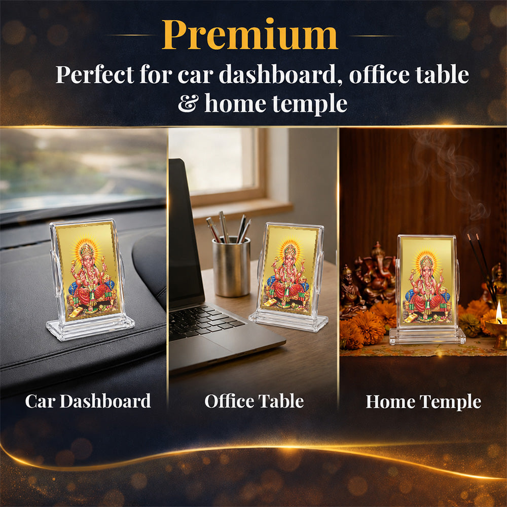 24K Gold-Plated Lord Ganesha Acrylic Car Dashboard Frame | 11x7 CM