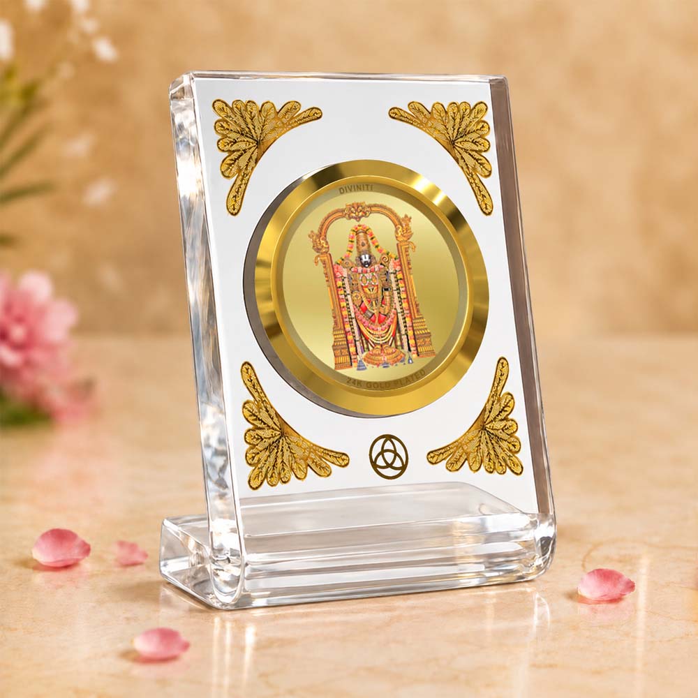 24K Gold-Plated Lord Tirupati Balaji Acrylic Car Dashboard Frame | 8x7 CM