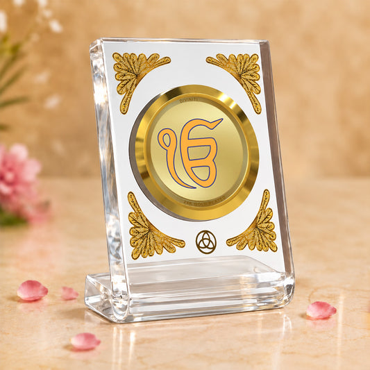 24K Gold-Plated Ik Onkar Acrylic Car Dashboard Frame | 8x7 CM