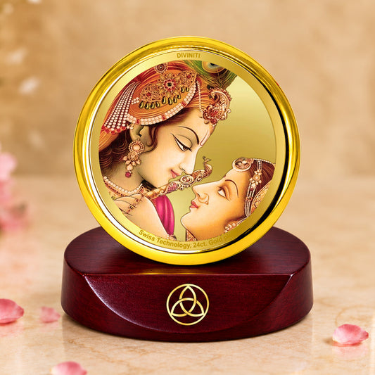 24K Gold-Plated Radha Krishna Car Dashboard Frame | 5x5 CM