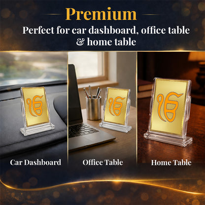 24K Gold-Plated Ik Onkar Acrylic Car Dashboard Frame | 11x7 CM