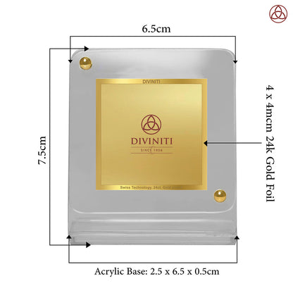Diviniti Acrylic Personalization Car Dashboard Frame dimensions with 24K Gold Plated Foil detail and acrylic base size.