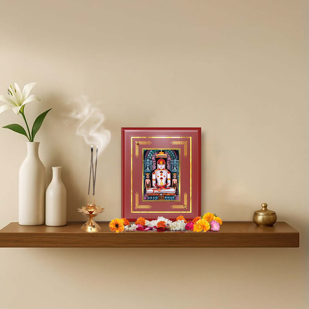 Lord Adinath Adishwara Tirthankara Rishabhanatha showcased on wooden shelf