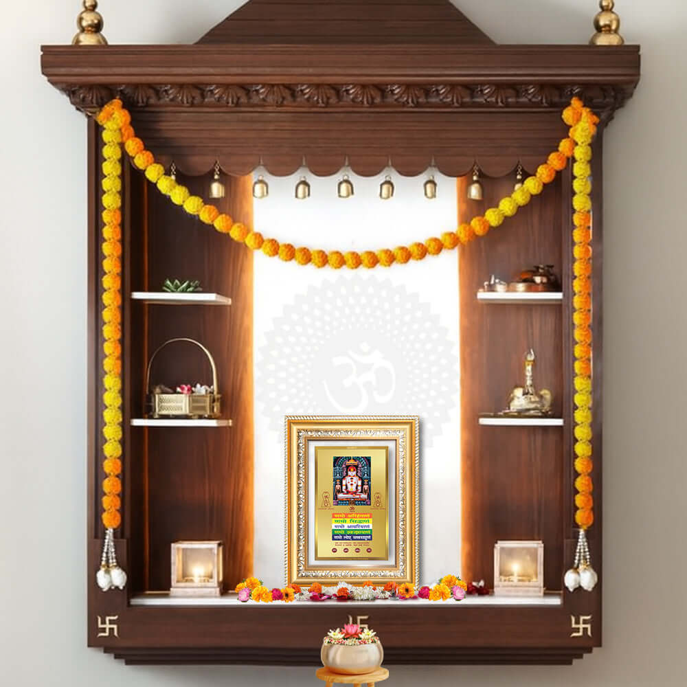 displayed in a luxurious temple-style wall décor with hanging oil lamps and floral offerings
