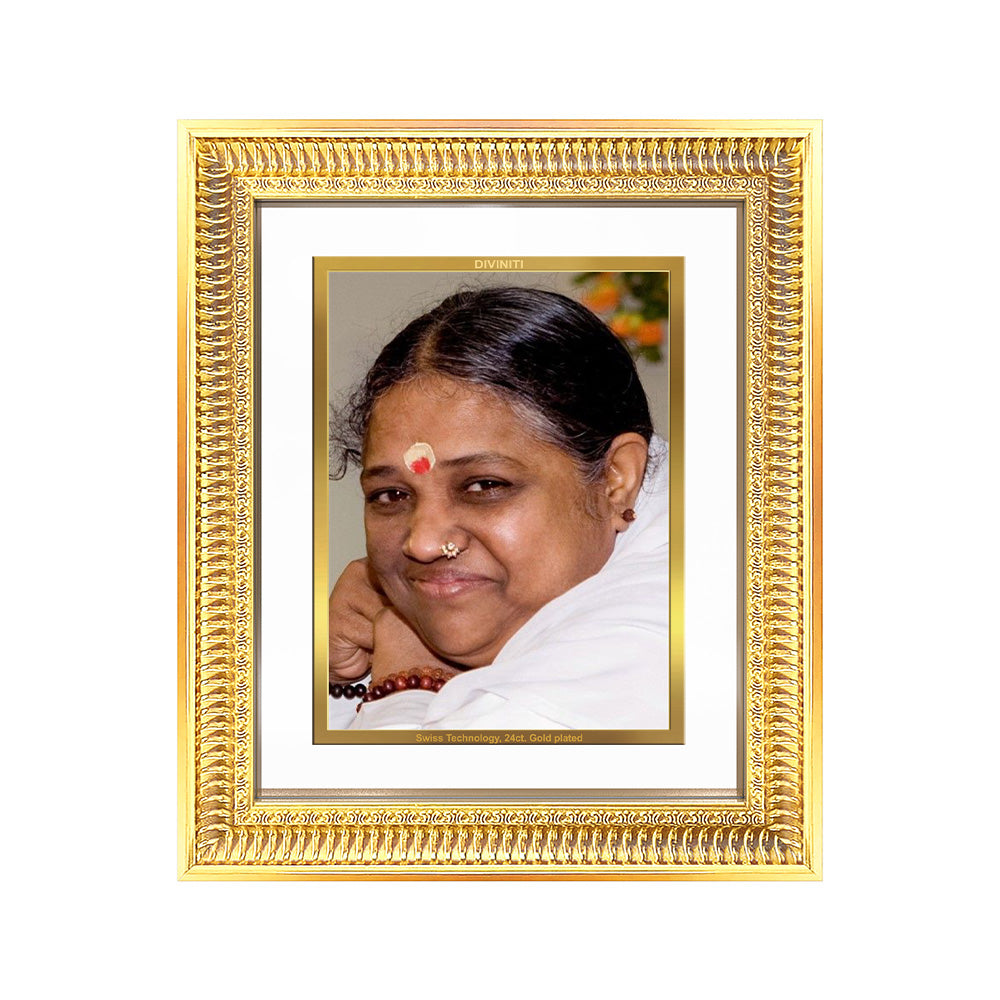 Mata Amritanandamayi framed portrait in 24K gold-plated foil for wall and tabletop display.