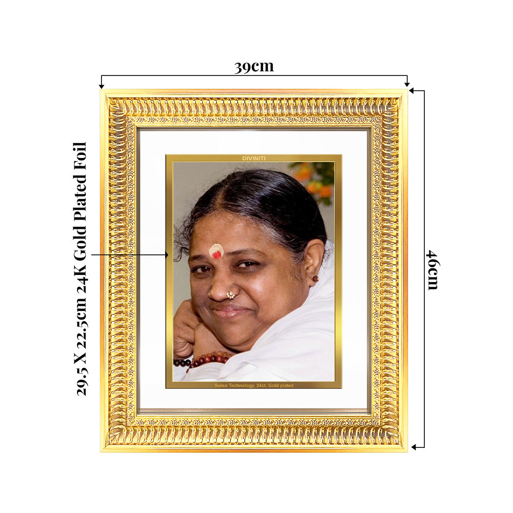 Mata Amritanandamayi framed in 24K gold plated foil, 39cm x 44cm Wall & Tabletop Frame, embodying love and compassion.