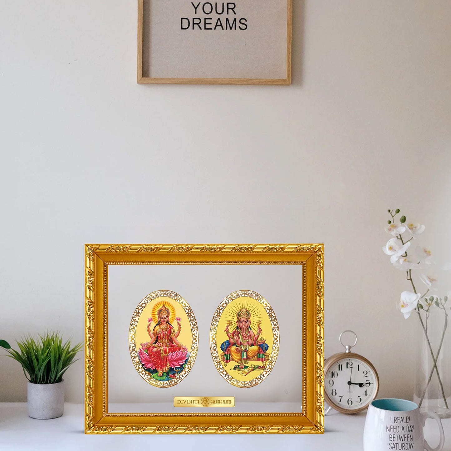 Diviniti 24K Gold Plated Laxmi Ganesha Photo Frame for Home Decor, Wall Hanging, Office Table, Gift DG103 Size 2 (28.7x23.7 CM)