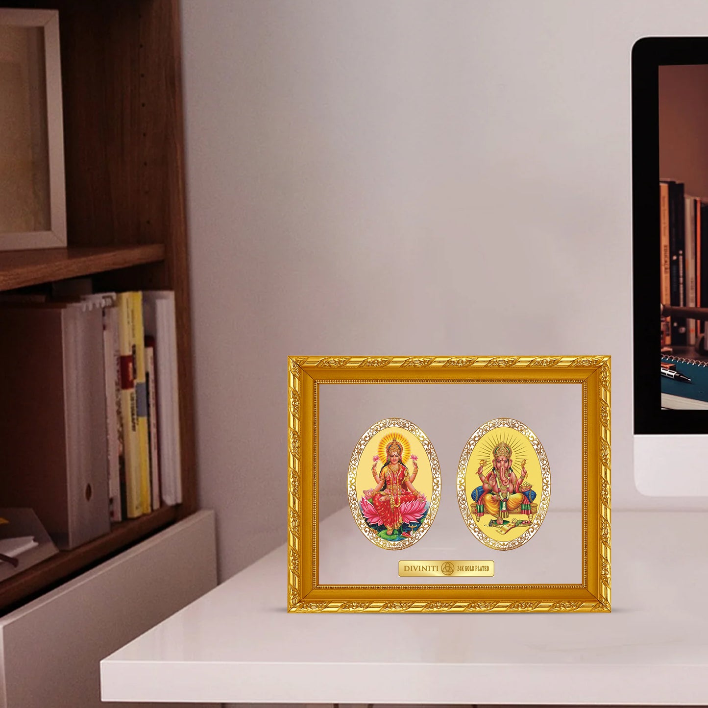 Diviniti 24K Gold Plated Laxmi Ganesha Photo Frame for Home Decor, Wall Hanging, Office Table, Gift DG103 Size 2 (28.7x23.7 CM)