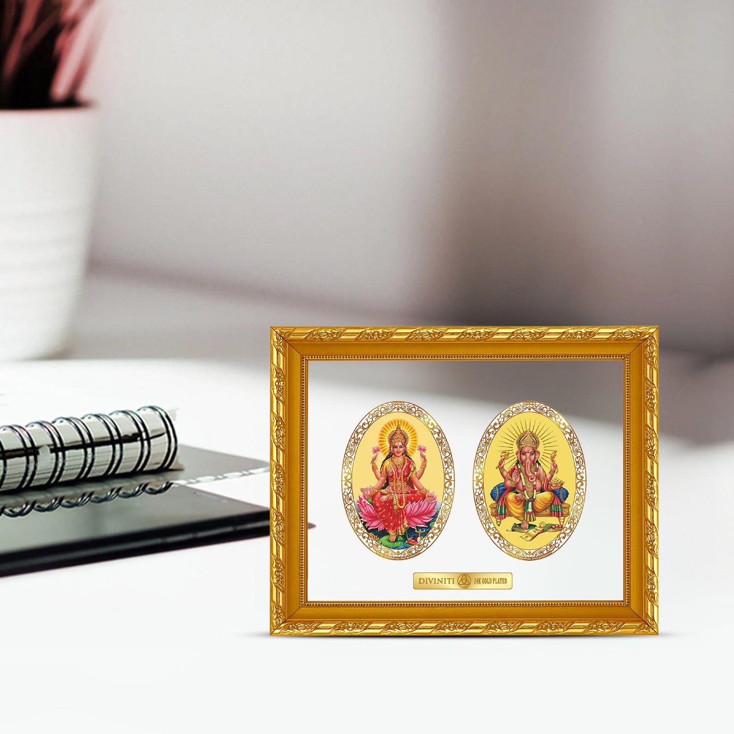 Diviniti 24K Gold Plated Laxmi Ganesha Photo Frame for Home Decor, Wall Hanging, Office Table, Gift DG103 Size 2 (28.7x23.7 CM)