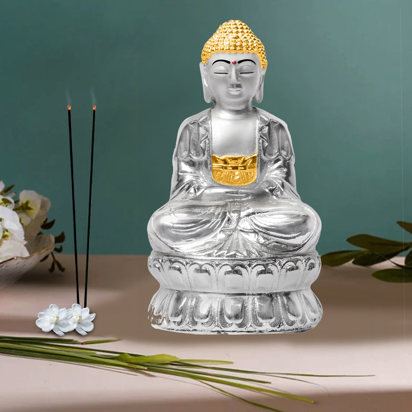 DIVINITI 999 Silver Plated Buddha Idol Inspire Peace Enlightenment Radiate Serenity and Mindfulness for Home Office Décor, Tabletop, Gift (14x8 CM)