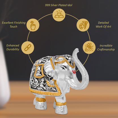 DIVINITI 999 Silver Plated Elephant Idol Statue Embrace Strength, Wisdom, and Good Fortune for Home & Office, Tabletop Décor Gift (7.5x8 CM)