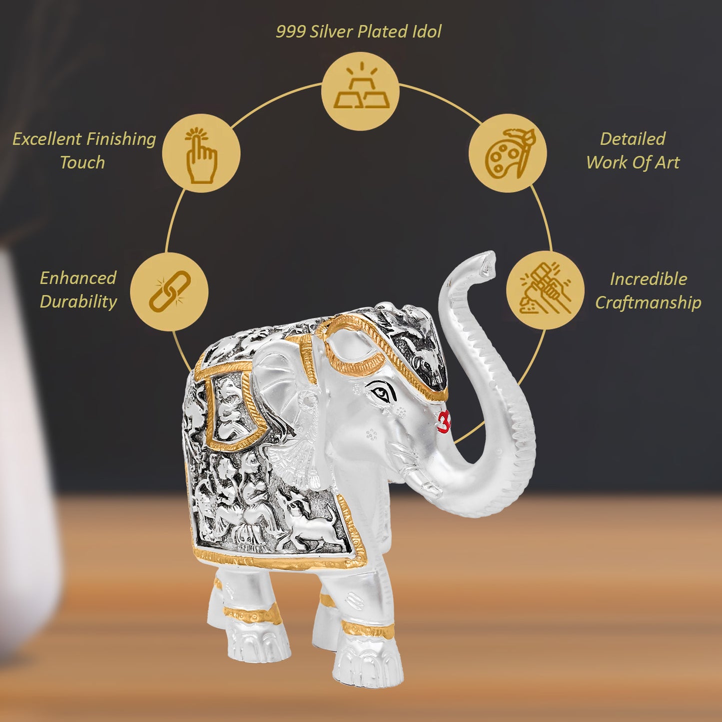 DIVINITI 999 Silver Plated Elephant Idol Statue Embrace Strength, Wisdom, and Good Fortune for Home & Office, Tabletop Décor Gift (15.5x16 CM)