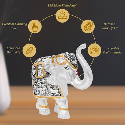 DIVINITI 999 Silver Plated Elephant Idol Statue Embrace Strength, Wisdom, and Good Fortune for Home & Office, Tabletop Décor Gift (15.5x16 CM)