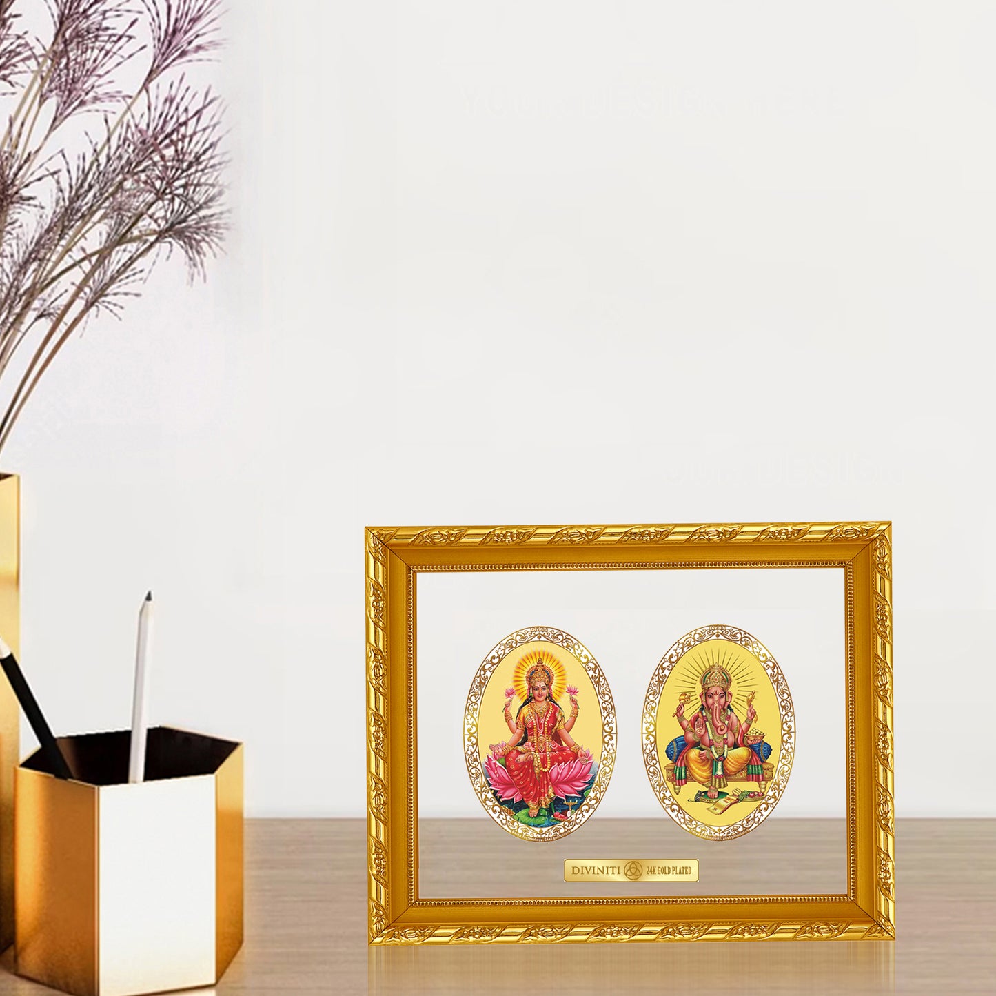 Diviniti 24K Gold Plated Laxmi Ganesha Photo Frame for Home Decor, Wall Hanging, Office Table, Gift DG103 Size 2 (28.7x23.7 CM)