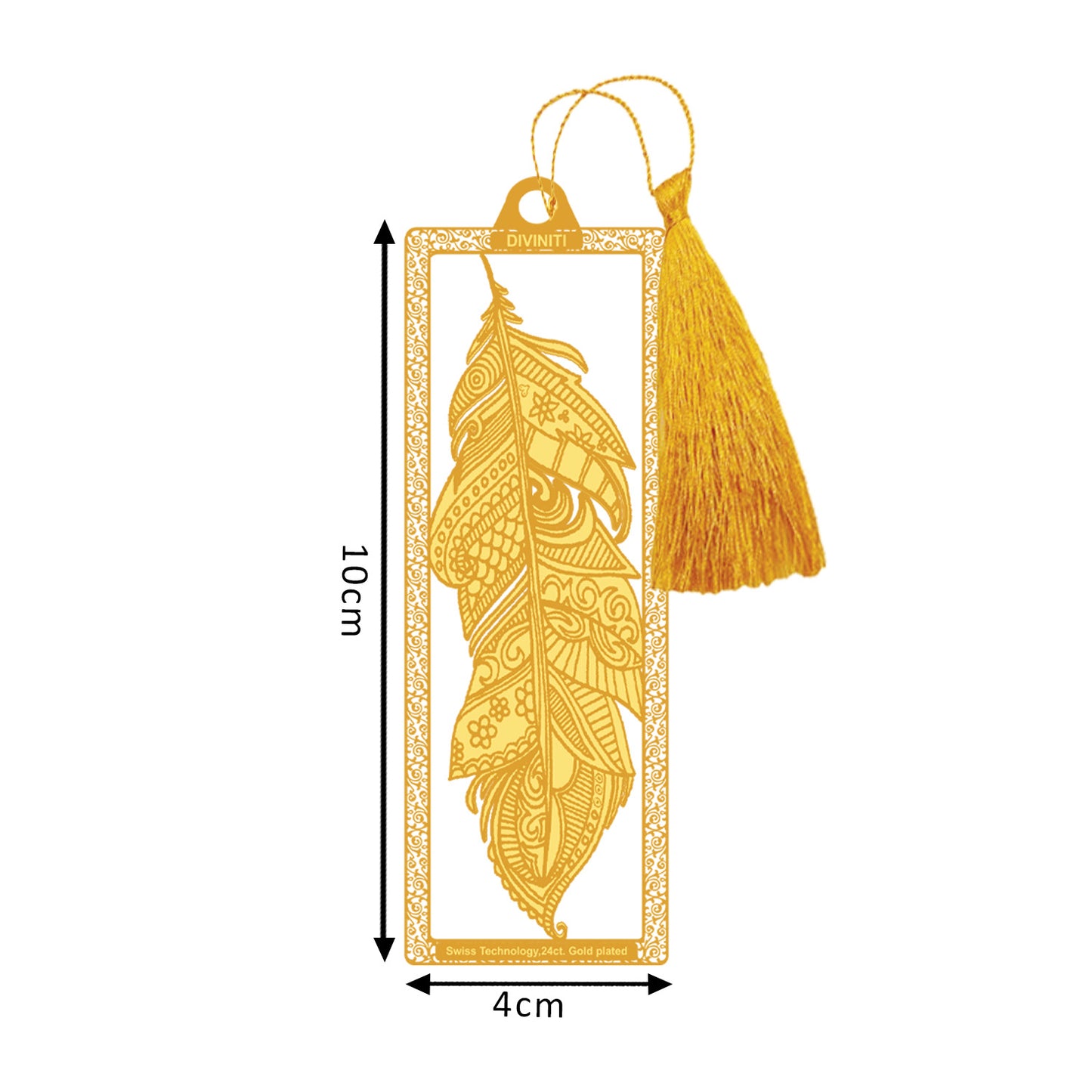 Diviniti 24K Gold Plated Bookmark with String | Design Feather | Size -10cm x 4cm|Luxury Gifting