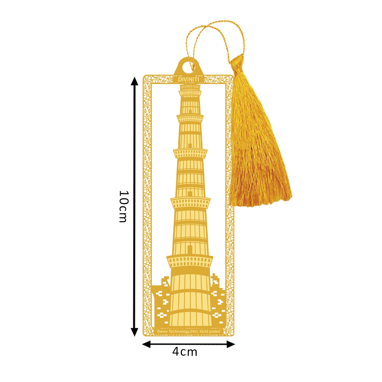 Diviniti 24K Gold Plated Bookmark with String | Design - Qutub Minar | Size -10cm x 4cm|Luxury Gifting