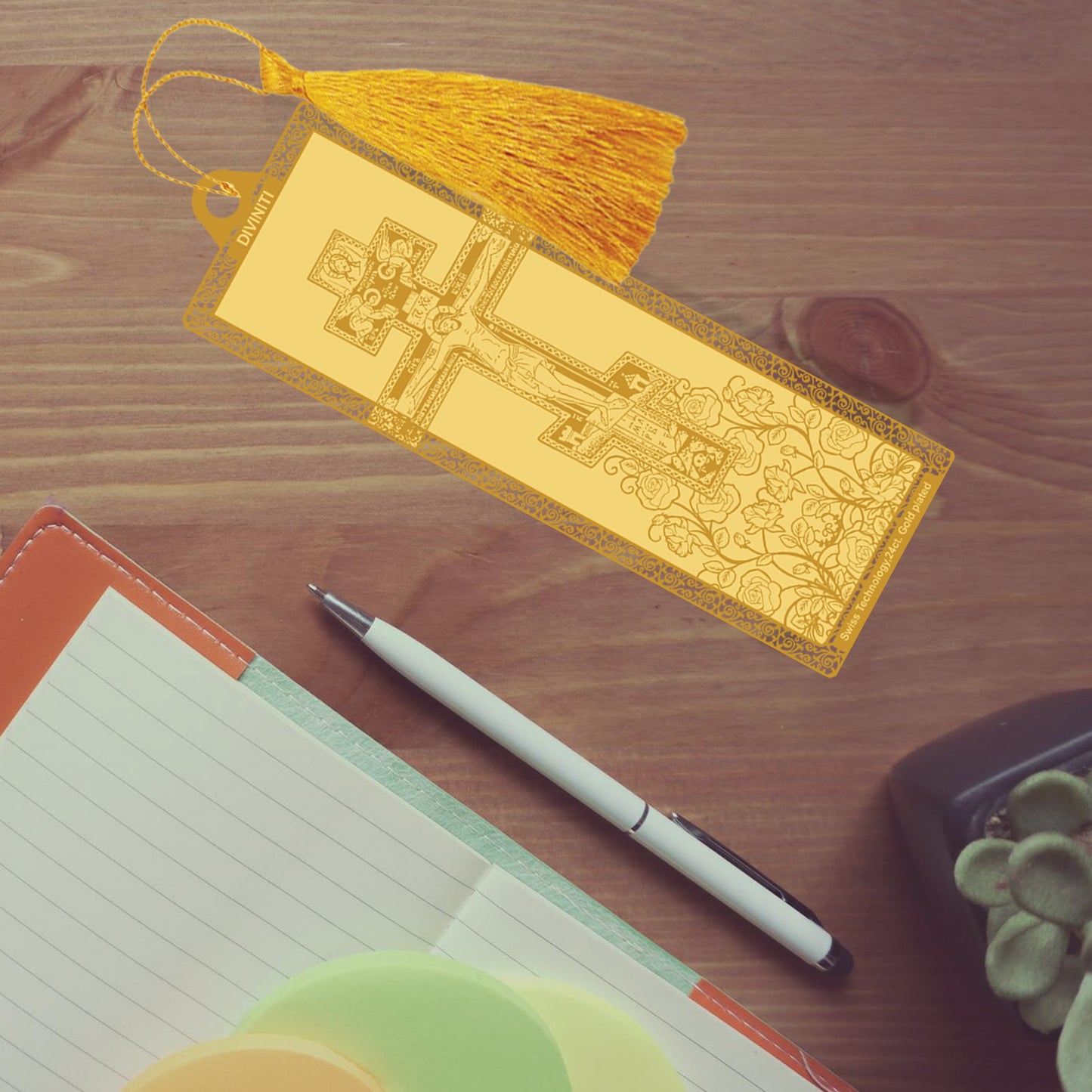 Diviniti 24K Gold Plated Bookmark with String | Design - Cross| Size -10cm x 4cm|Luxury Gifting