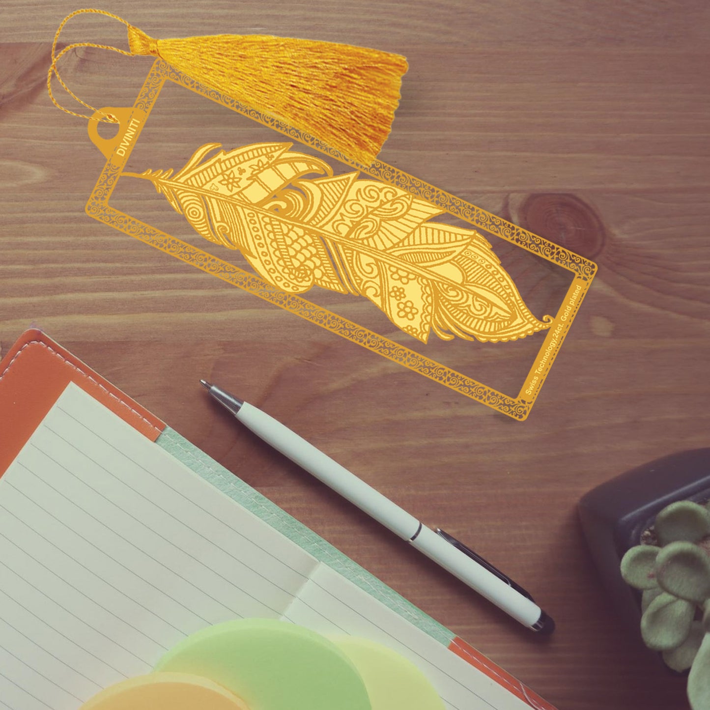 Diviniti 24K Gold Plated Bookmark with String | Design Feather | Size -10cm x 4cm|Luxury Gifting