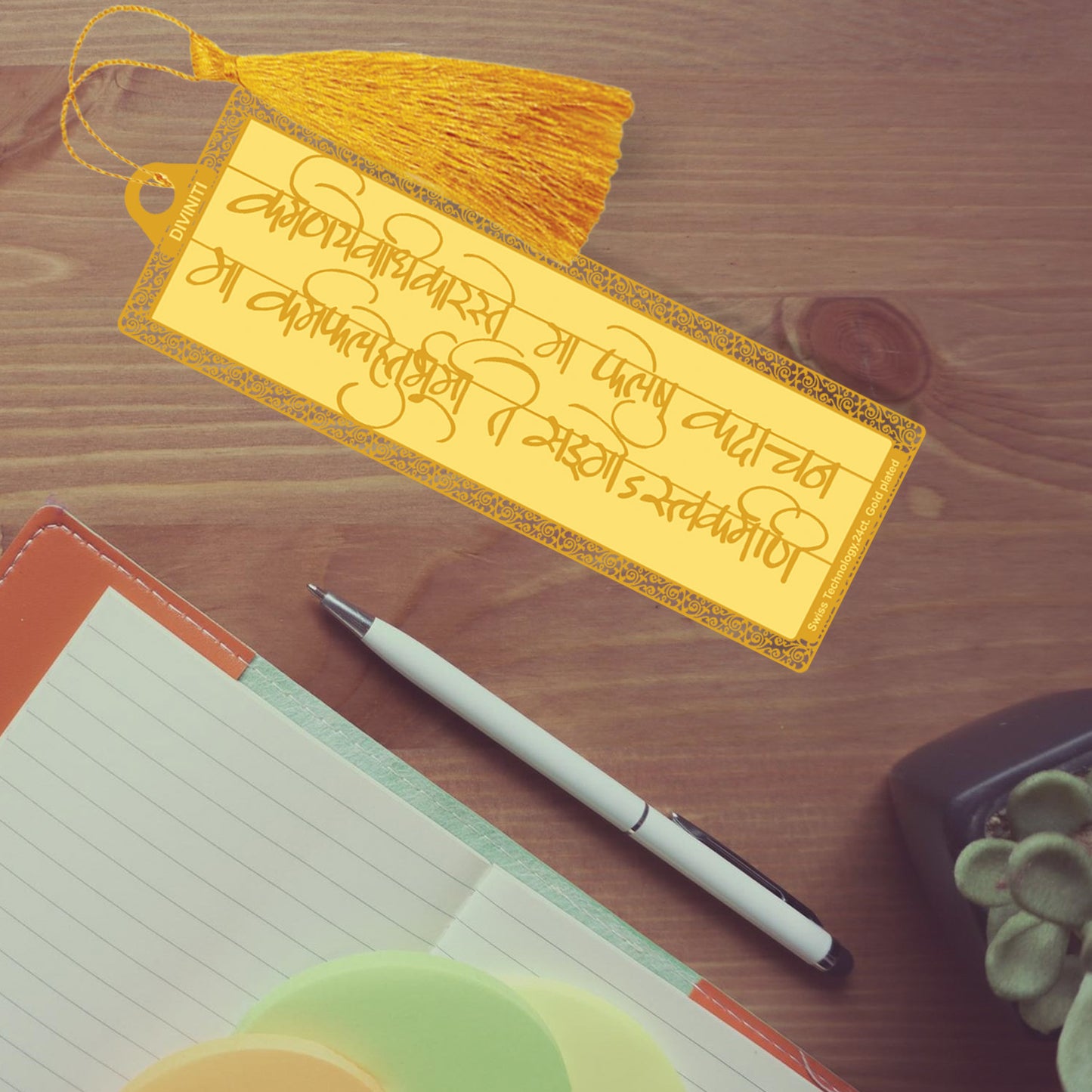 Diviniti 24K Gold Plated Bookmark with String | Design - Geeta Shloka | Size -10cm x 4cm|Luxury Gifting