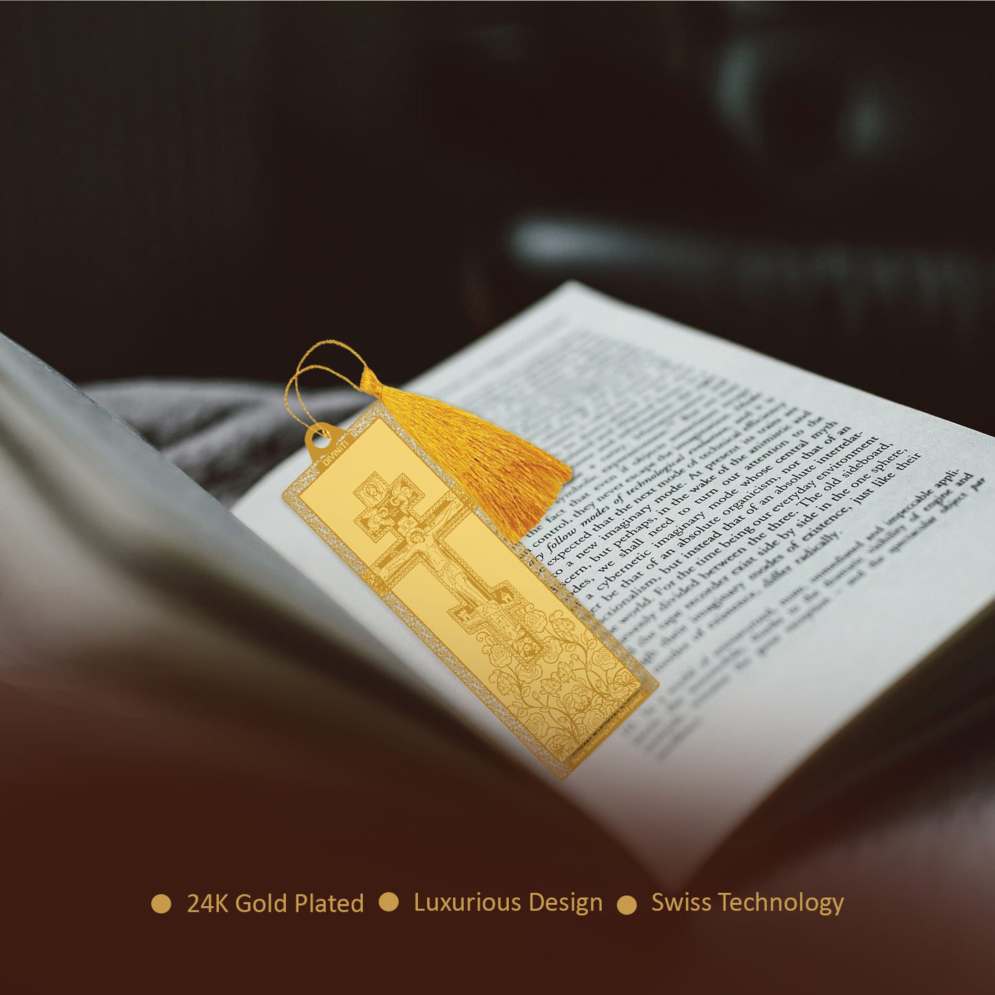 Diviniti 24K Gold Plated Bookmark with String | Design - Cross| Size -10cm x 4cm|Luxury Gifting