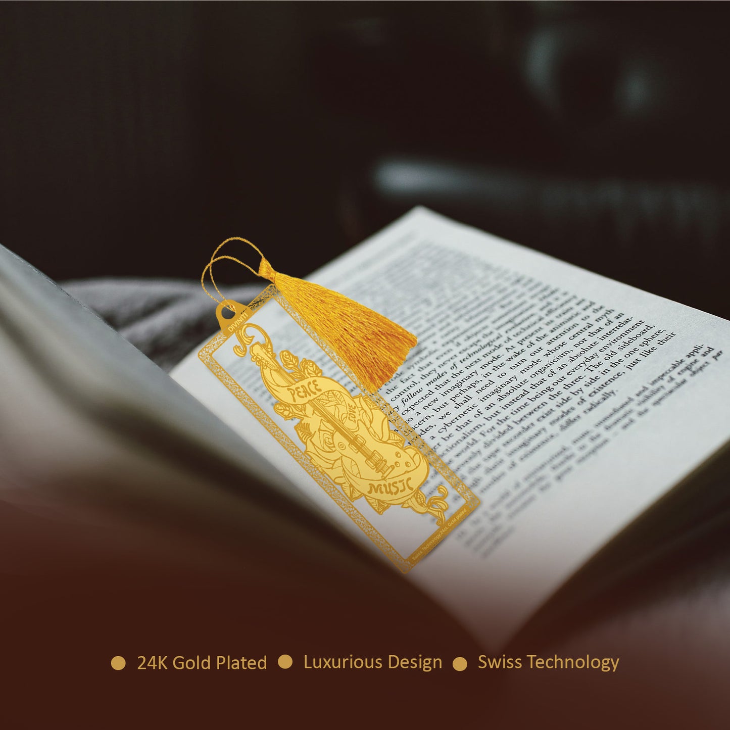 Diviniti 24K Gold Plated Bookmark with String | Design - Guitar | Size -10cm x 4cm|Luxury Gifting